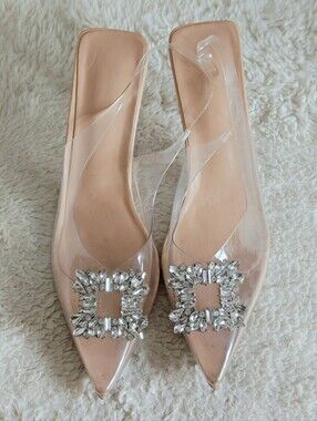 Boutique Clear PVC Nude Pointed Toe Pumps Eur 42 Crystal Rhinestone Brooch Heels
